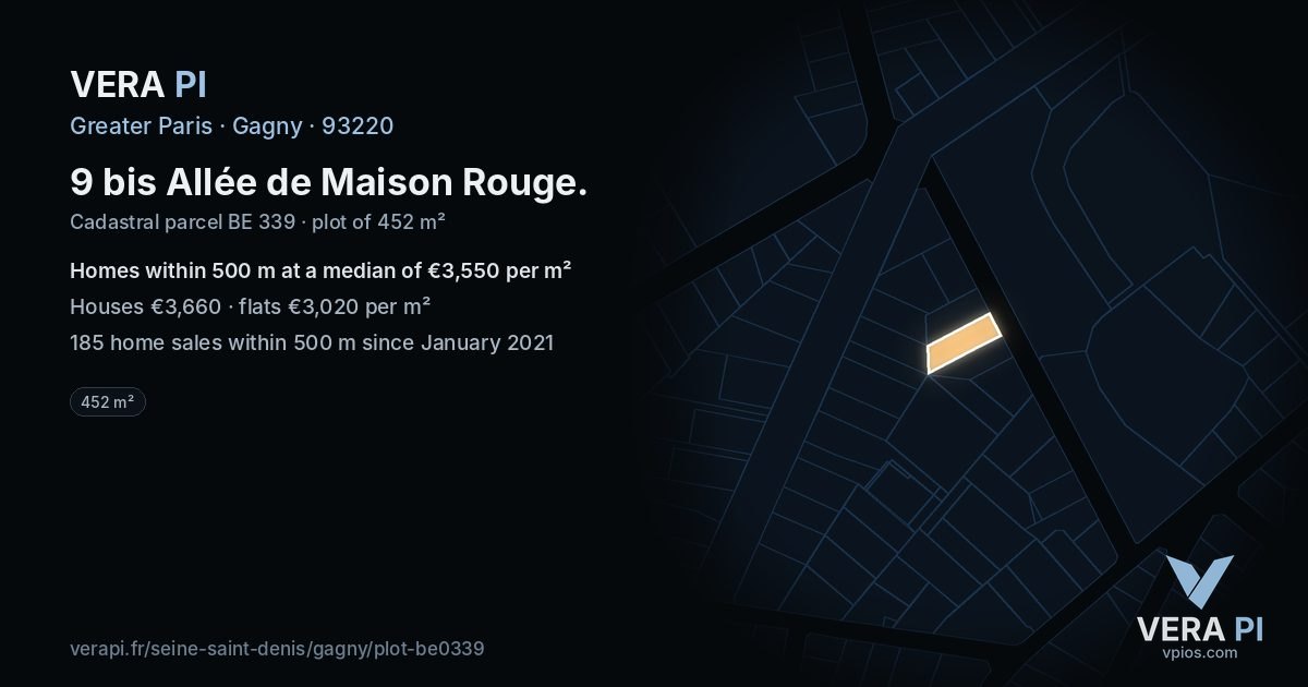 9 bis Allée de Maison Rouge, Gagny at night – the plot lit, the parcels around coloured by the prices near them