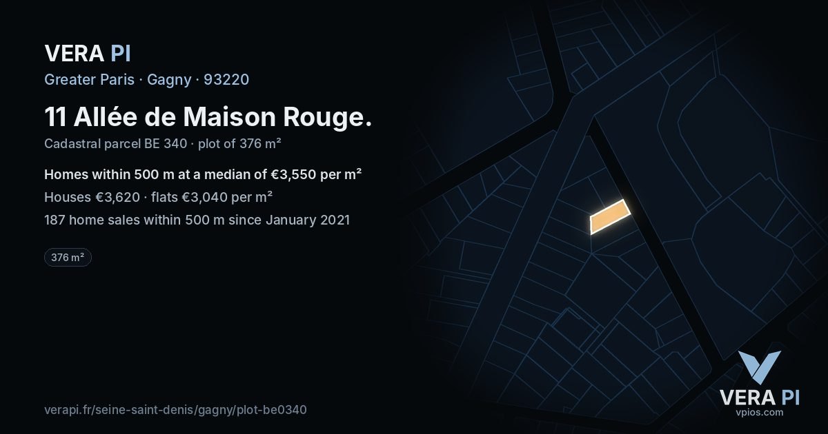 11 Allée de Maison Rouge, Gagny at night – the plot lit, the parcels around coloured by the prices near them