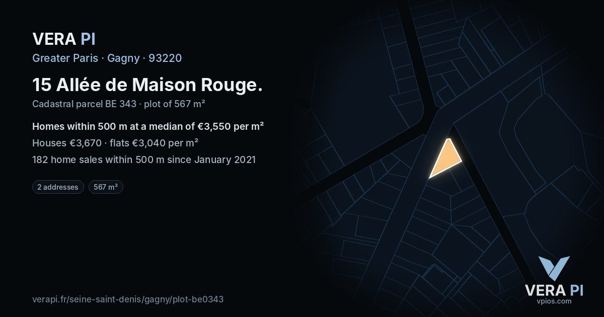 15 Allée de Maison Rouge, Gagny at night – the plot lit, the parcels around coloured by the prices near them