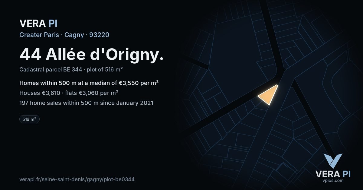 44 Allée d'Origny, Gagny at night – the plot lit, the parcels around coloured by the prices near them
