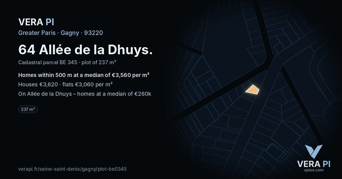 64 Allée de la Dhuys, Gagny at night – the plot lit, the parcels around coloured by the prices near them