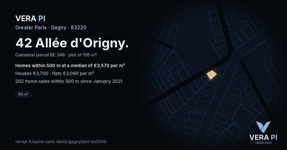 42 Allée d'Origny, Gagny at night – the plot lit, the parcels around coloured by the prices near them