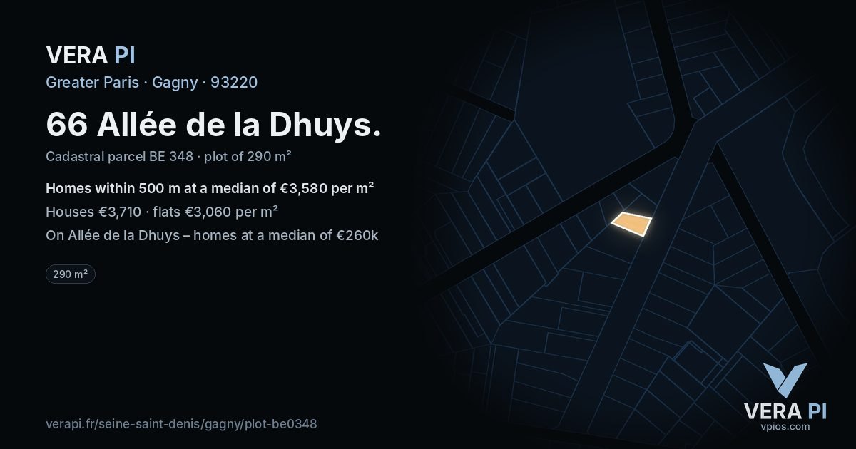 66 Allée de la Dhuys, Gagny at night – the plot lit, the parcels around coloured by the prices near them