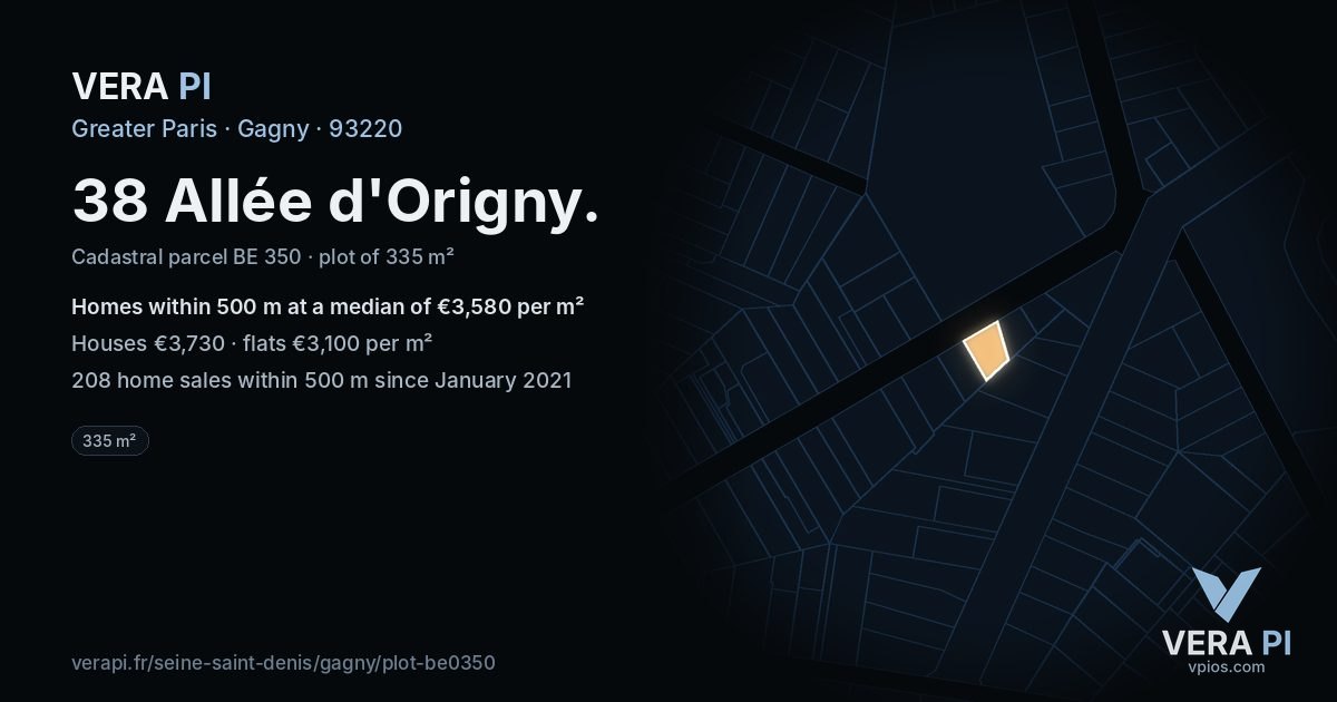 38 Allée d'Origny, Gagny at night – the plot lit, the parcels around coloured by the prices near them