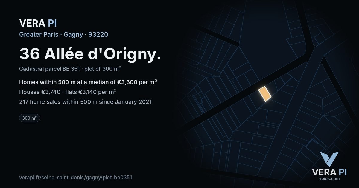 36 Allée d'Origny, Gagny at night – the plot lit, the parcels around coloured by the prices near them