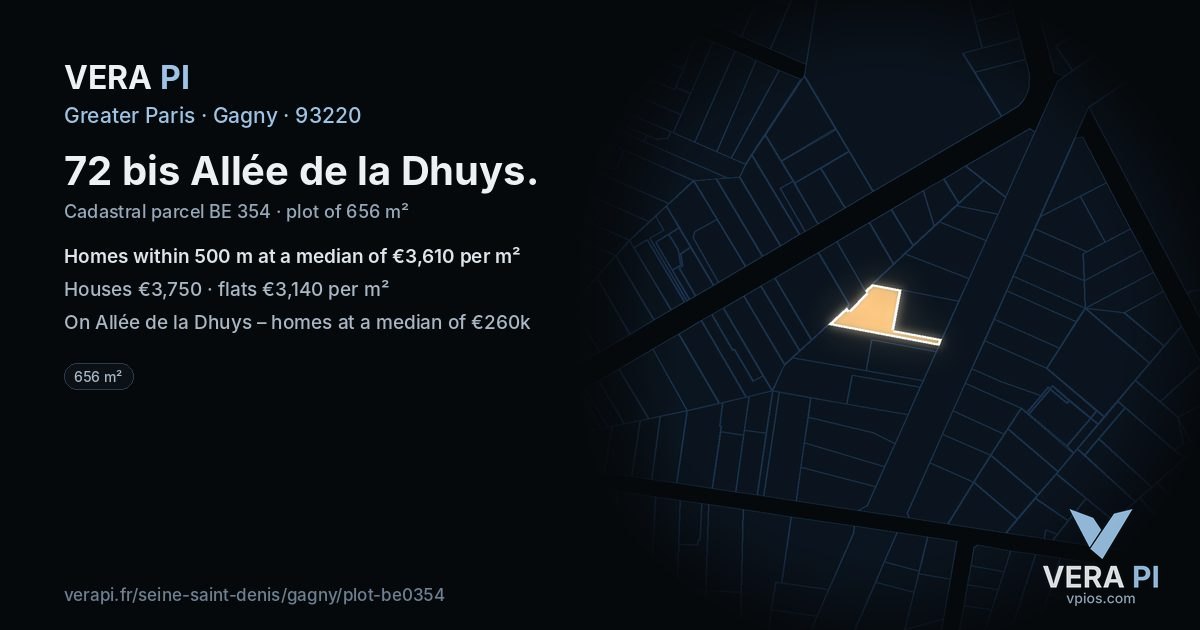 72 bis Allée de la Dhuys, Gagny at night – the plot lit, the parcels around coloured by the prices near them
