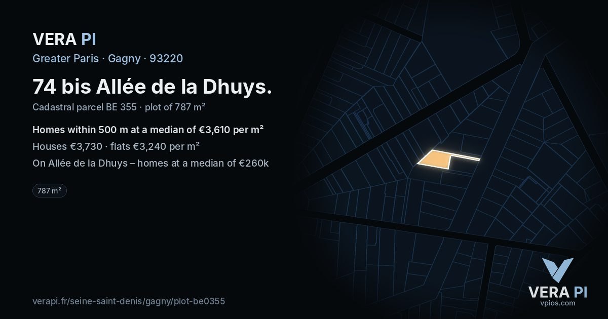 74 bis Allée de la Dhuys, Gagny at night – the plot lit, the parcels around coloured by the prices near them