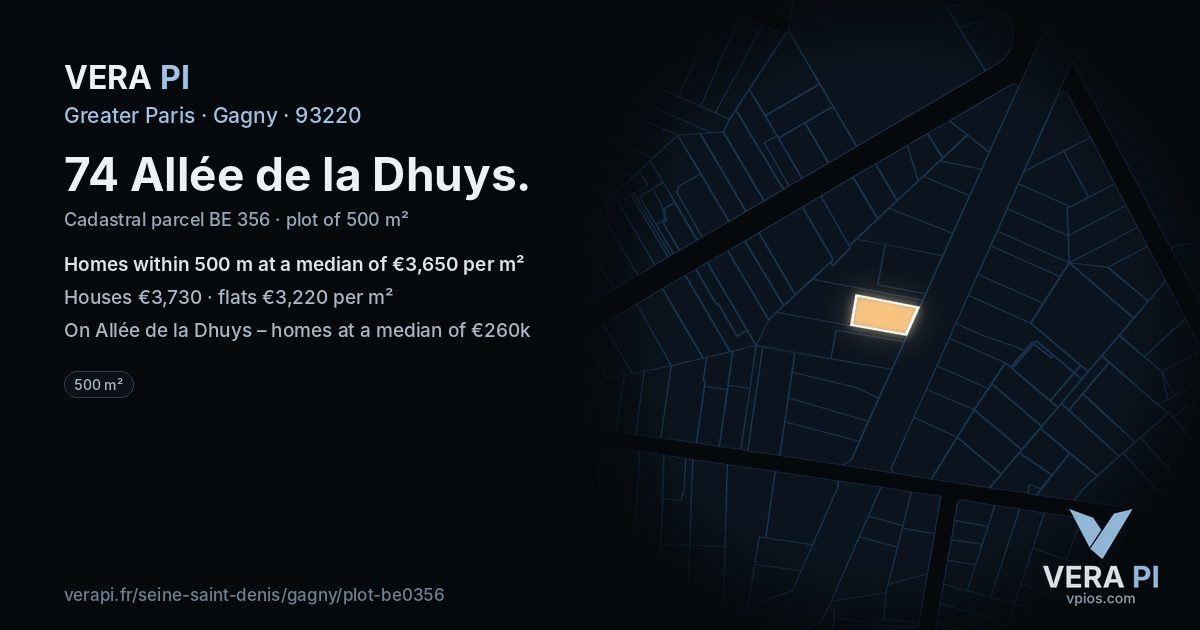 74 Allée de la Dhuys, Gagny at night – the plot lit, the parcels around coloured by the prices near them