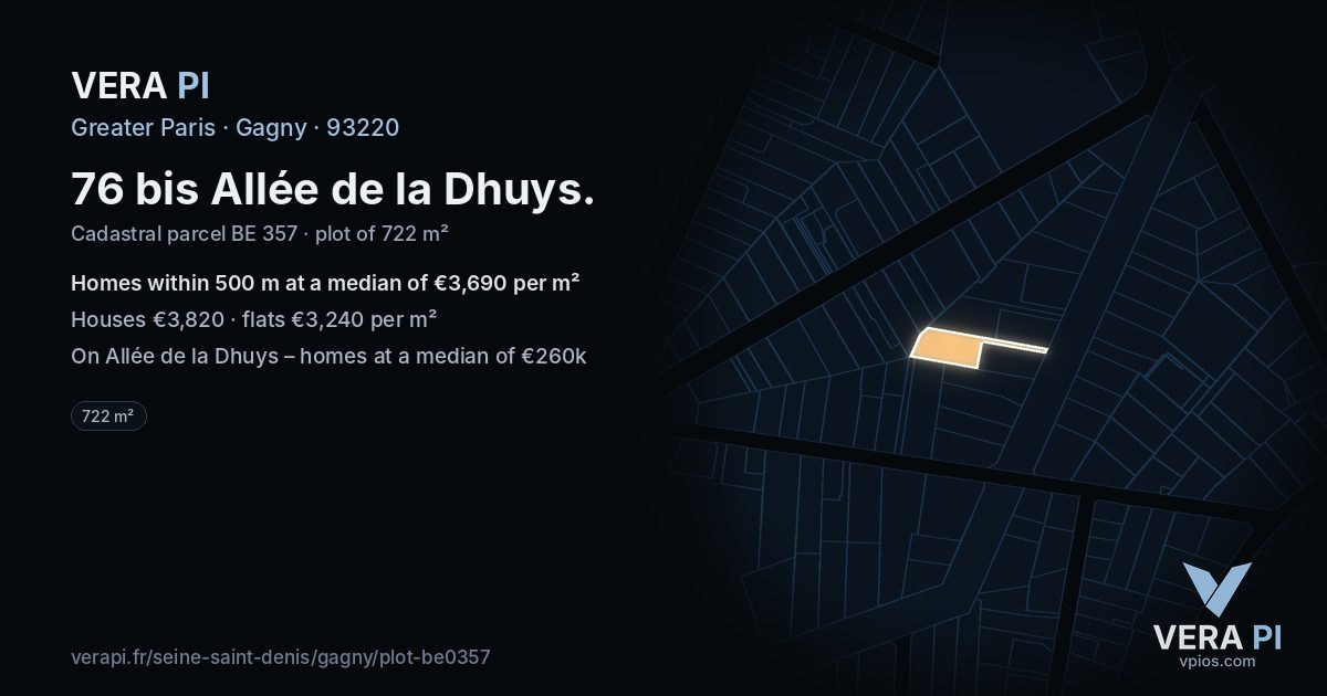 76 bis Allée de la Dhuys, Gagny at night – the plot lit, the parcels around coloured by the prices near them