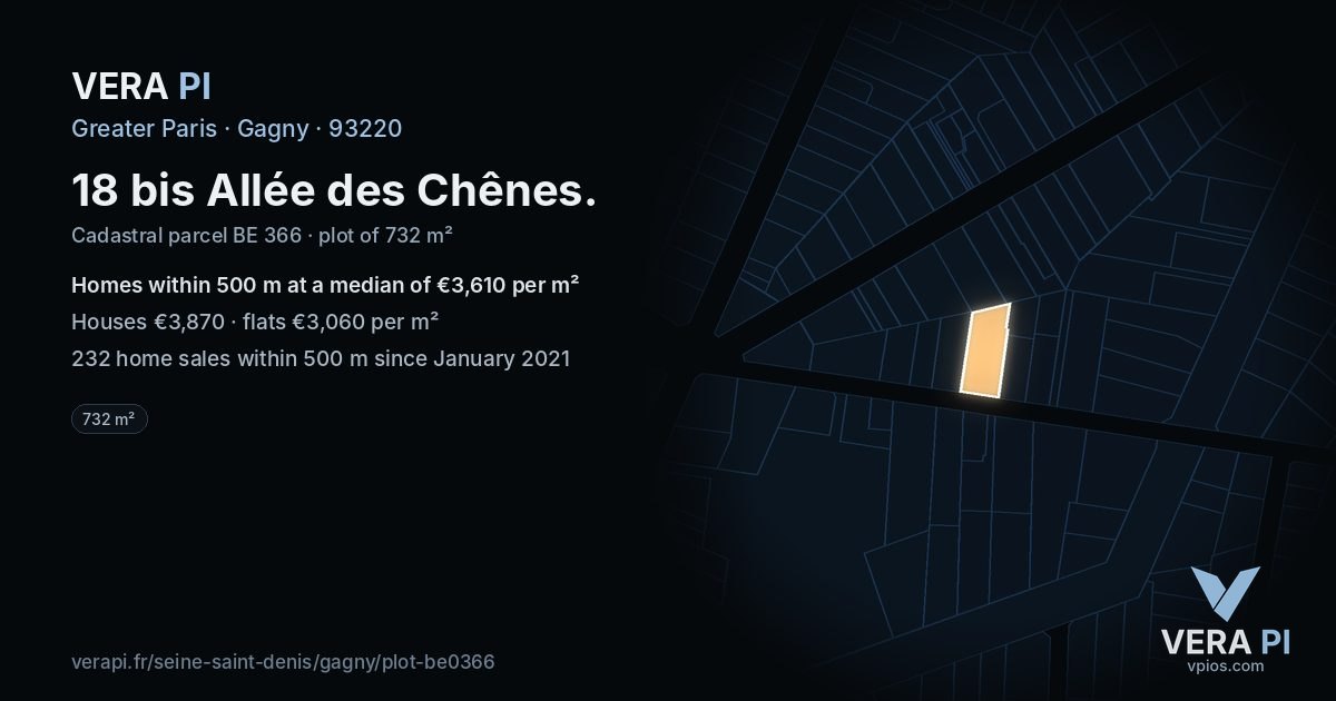 18 bis Allée des Chênes, Gagny at night – the plot lit, the parcels around coloured by the prices near them