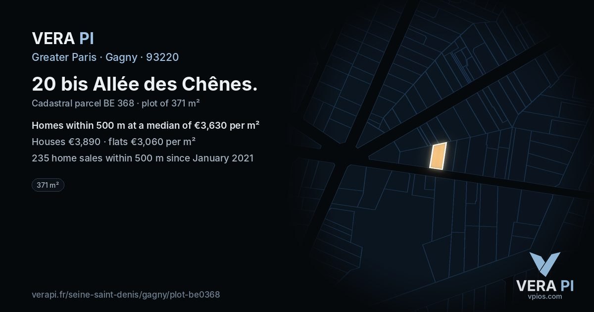 20 bis Allée des Chênes, Gagny at night – the plot lit, the parcels around coloured by the prices near them