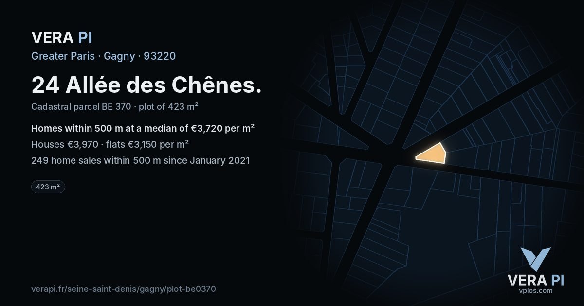 24 Allée des Chênes, Gagny at night – the plot lit, the parcels around coloured by the prices near them