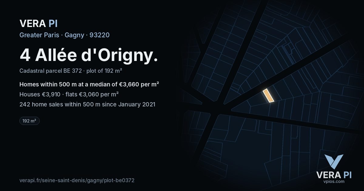 4 Allée d'Origny, Gagny at night – the plot lit, the parcels around coloured by the prices near them