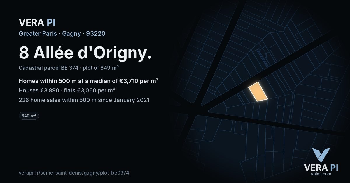 8 Allée d'Origny, Gagny at night – the plot lit, the parcels around coloured by the prices near them