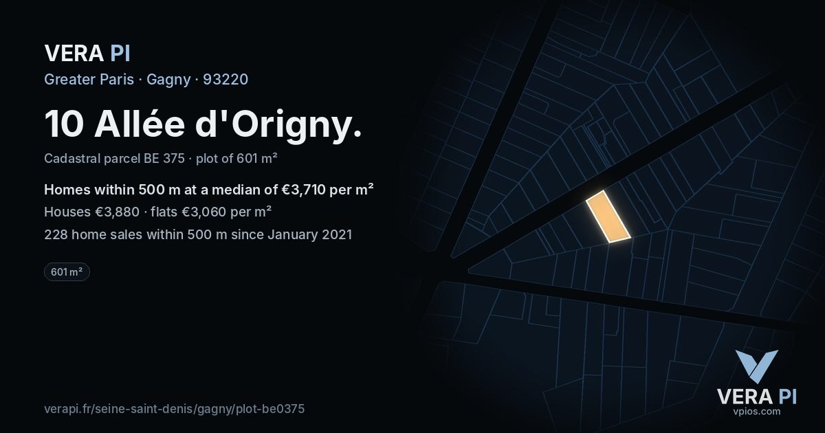 10 Allée d'Origny, Gagny at night – the plot lit, the parcels around coloured by the prices near them