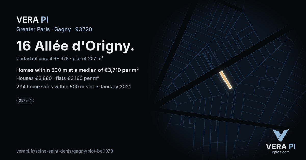 16 Allée d'Origny, Gagny at night – the plot lit, the parcels around coloured by the prices near them