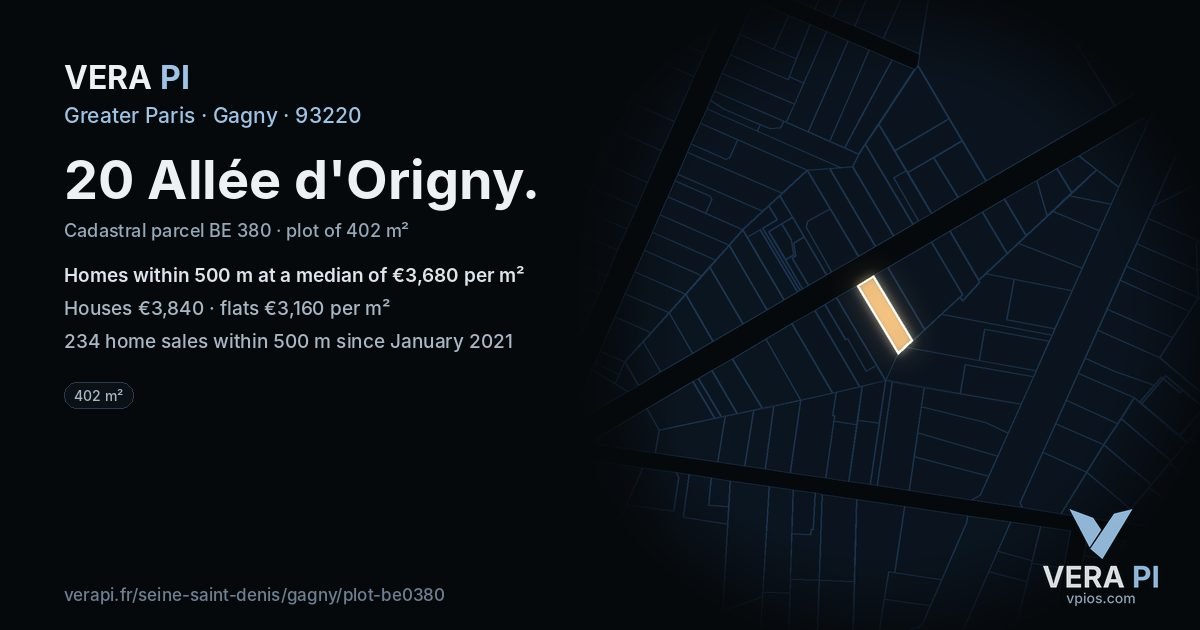 20 Allée d'Origny, Gagny at night – the plot lit, the parcels around coloured by the prices near them
