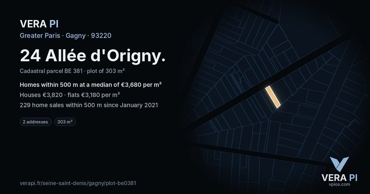 24 Allée d'Origny, Gagny at night – the plot lit, the parcels around coloured by the prices near them