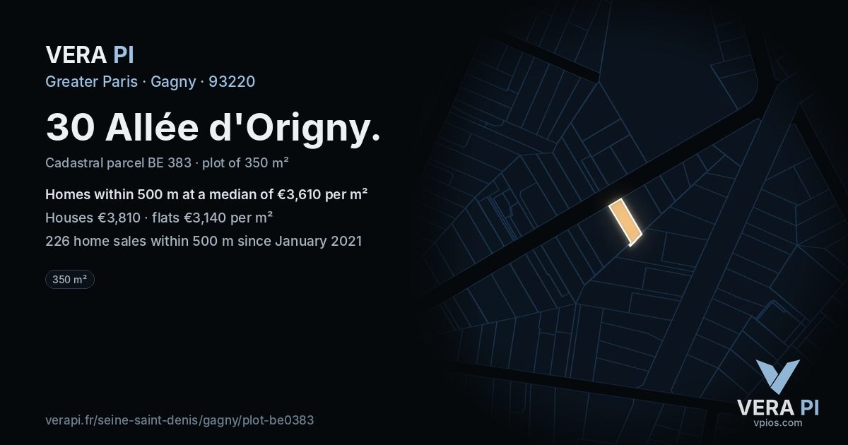 30 Allée d'Origny, Gagny at night – the plot lit, the parcels around coloured by the prices near them