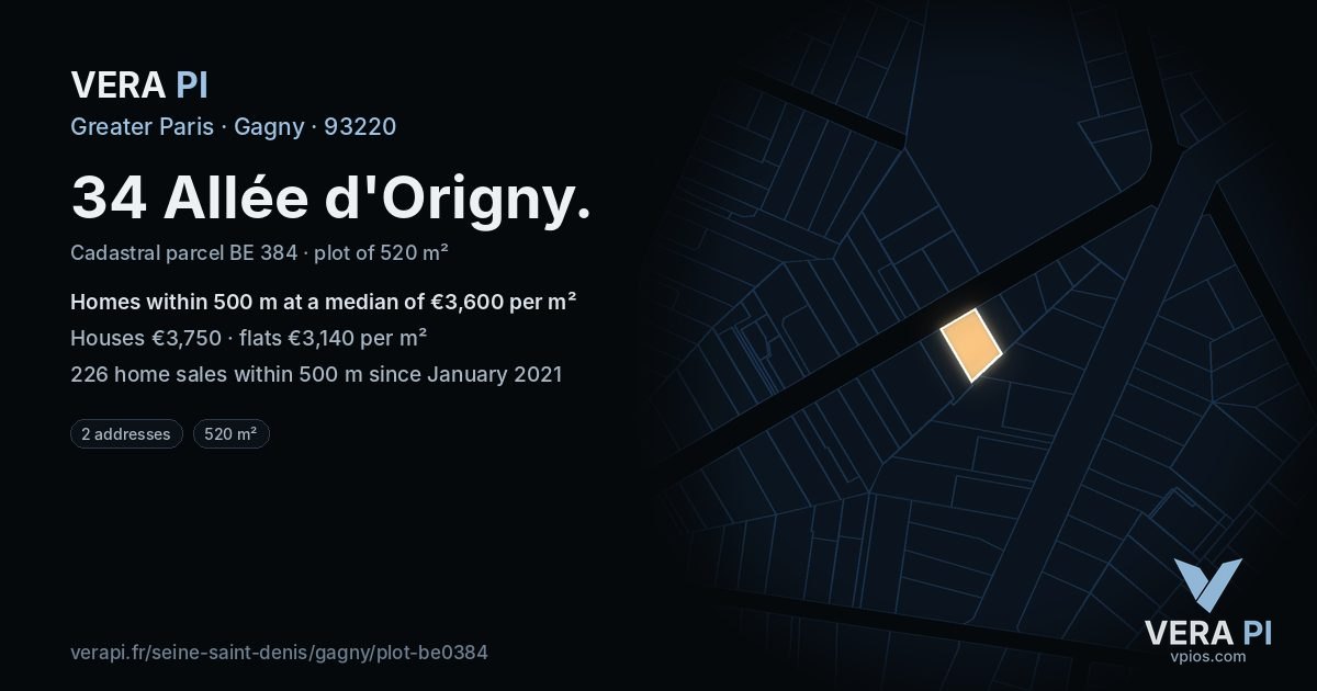 34 Allée d'Origny, Gagny at night – the plot lit, the parcels around coloured by the prices near them