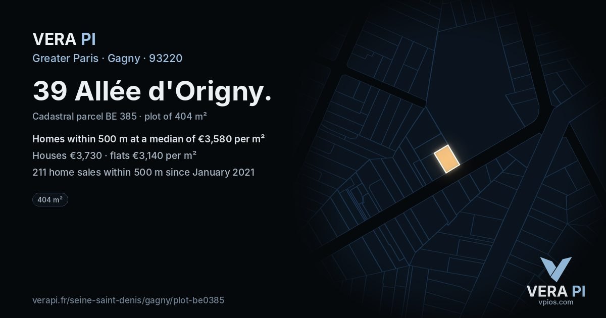 39 Allée d'Origny, Gagny at night – the plot lit, the parcels around coloured by the prices near them