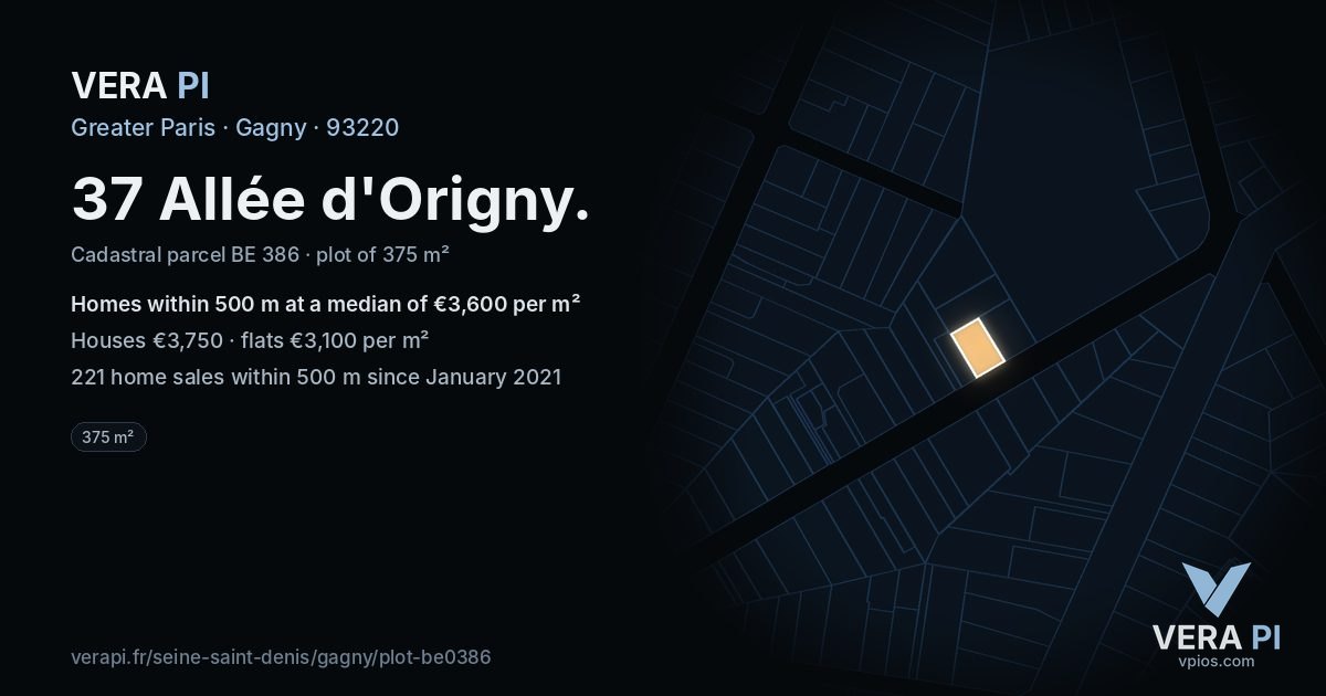 37 Allée d'Origny, Gagny at night – the plot lit, the parcels around coloured by the prices near them