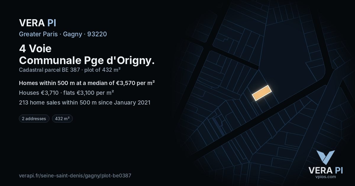 4 Voie Communale Pge d'Origny, Gagny at night – the plot lit, the parcels around coloured by the prices near them