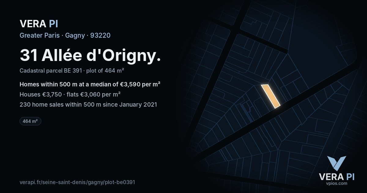 31 Allée d'Origny, Gagny at night – the plot lit, the parcels around coloured by the prices near them