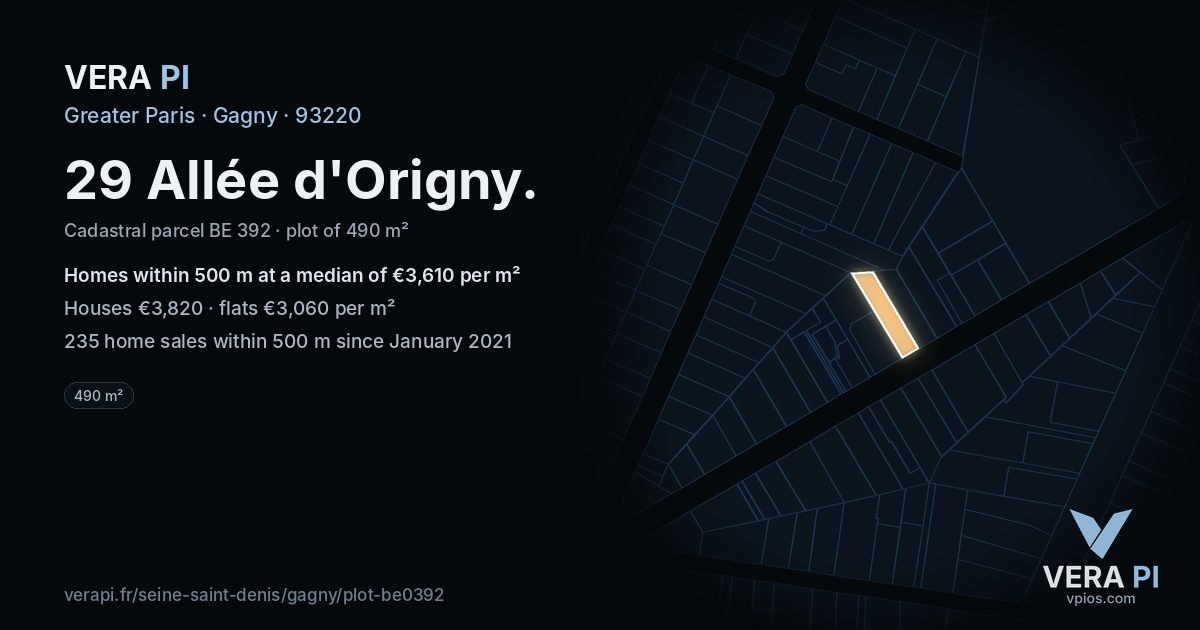 29 Allée d'Origny, Gagny at night – the plot lit, the parcels around coloured by the prices near them
