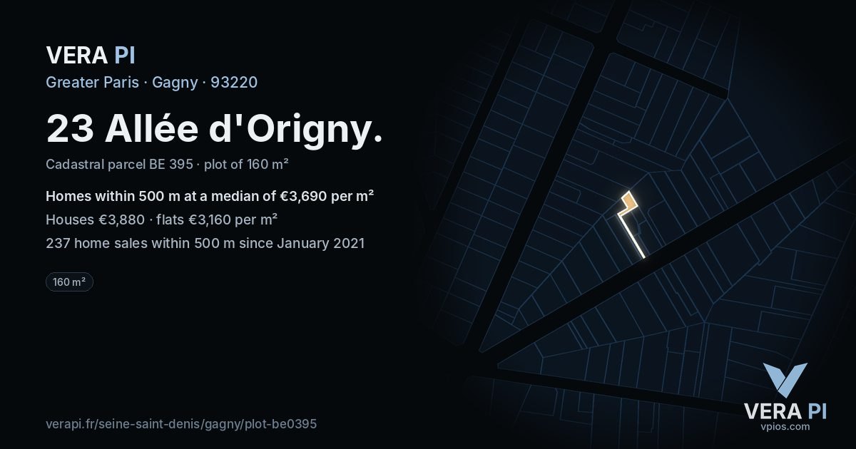 23 Allée d'Origny, Gagny at night – the plot lit, the parcels around coloured by the prices near them