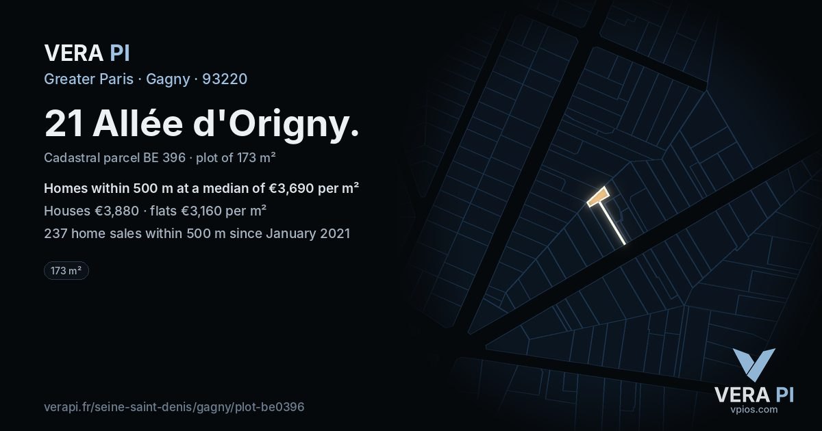 21 Allée d'Origny, Gagny at night – the plot lit, the parcels around coloured by the prices near them