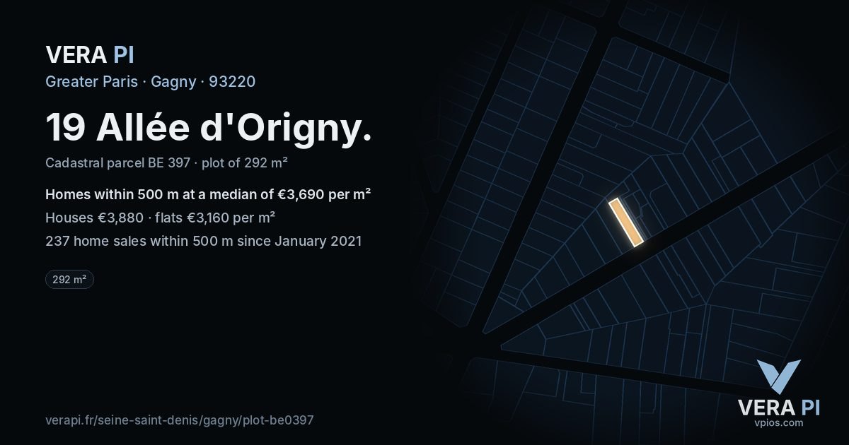 19 Allée d'Origny, Gagny at night – the plot lit, the parcels around coloured by the prices near them