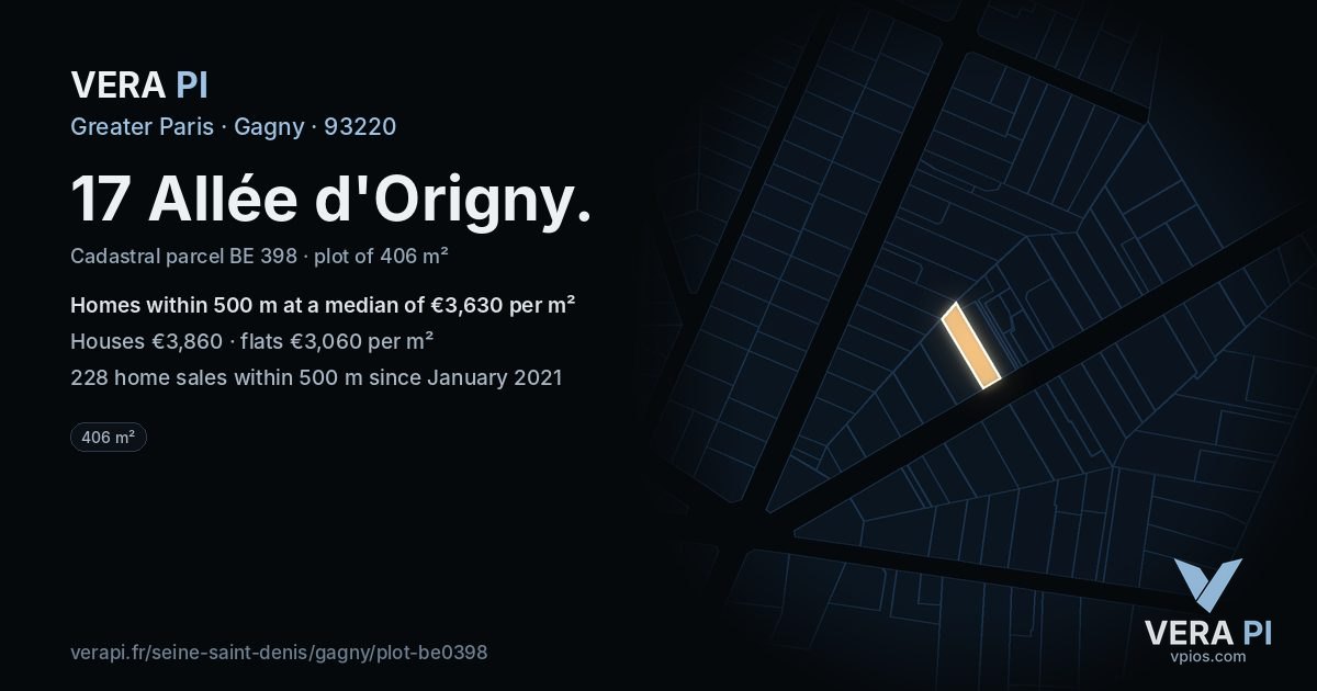 17 Allée d'Origny, Gagny at night – the plot lit, the parcels around coloured by the prices near them