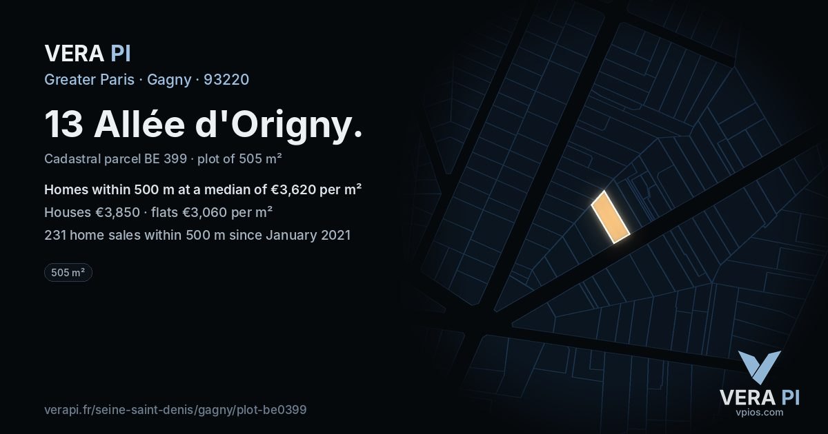 13 Allée d'Origny, Gagny at night – the plot lit, the parcels around coloured by the prices near them