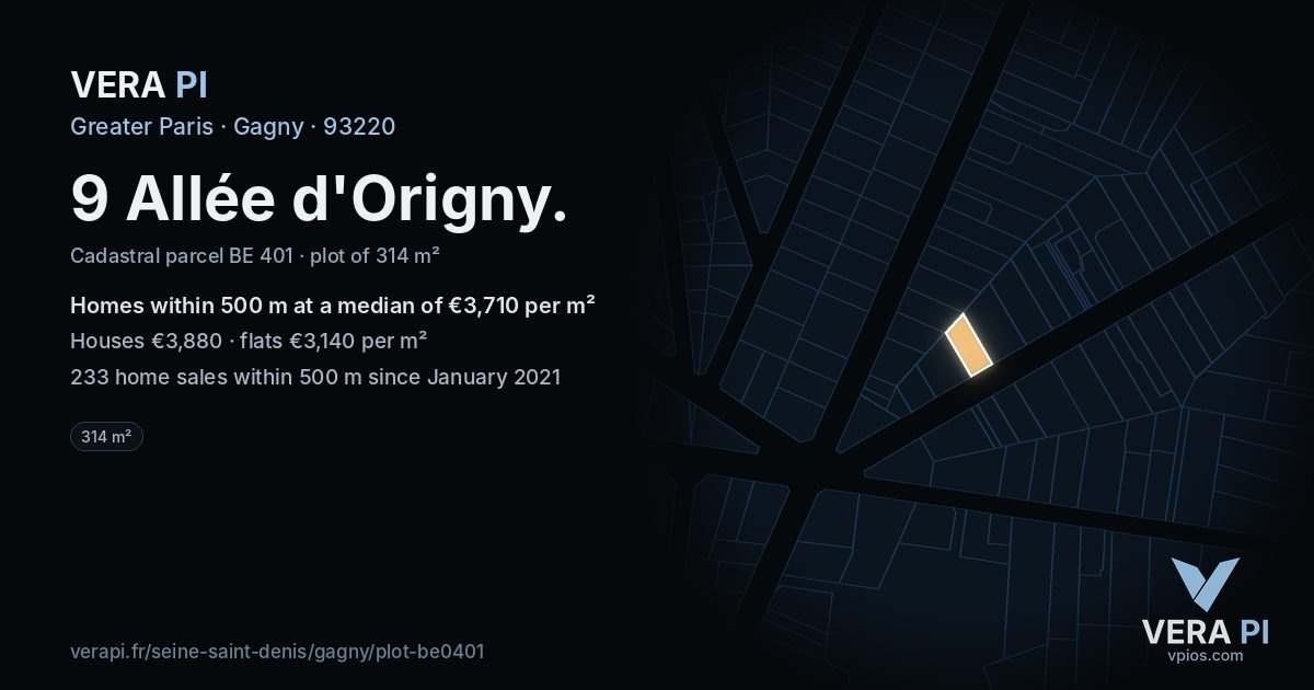 9 Allée d'Origny, Gagny at night – the plot lit, the parcels around coloured by the prices near them