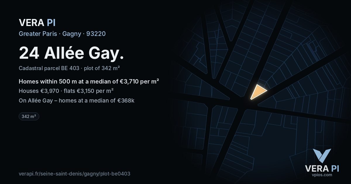 24 Allée Gay, Gagny at night – the plot lit, the parcels around coloured by the prices near them