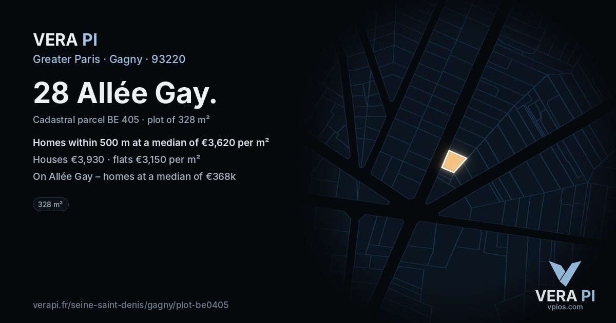 28 Allée Gay, Gagny at night – the plot lit, the parcels around coloured by the prices near them