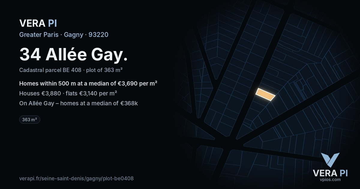 34 Allée Gay, Gagny at night – the plot lit, the parcels around coloured by the prices near them