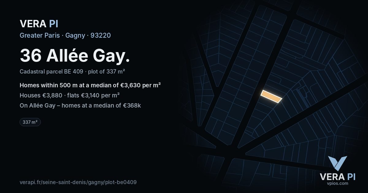 36 Allée Gay, Gagny at night – the plot lit, the parcels around coloured by the prices near them