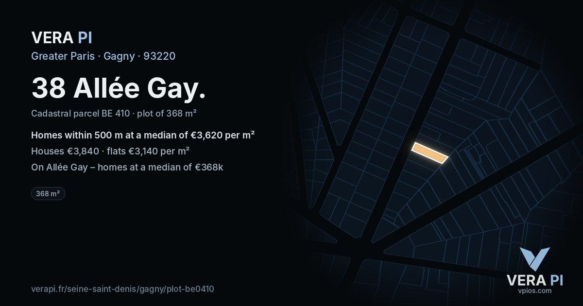 38 Allée Gay, Gagny at night – the plot lit, the parcels around coloured by the prices near them
