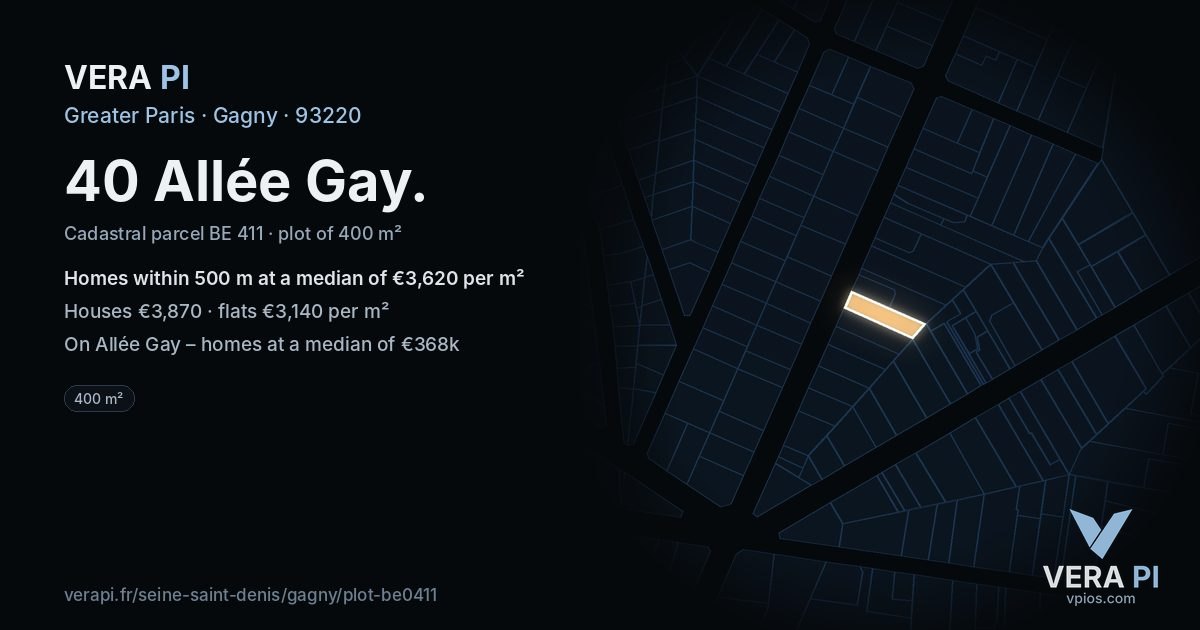 40 Allée Gay, Gagny at night – the plot lit, the parcels around coloured by the prices near them