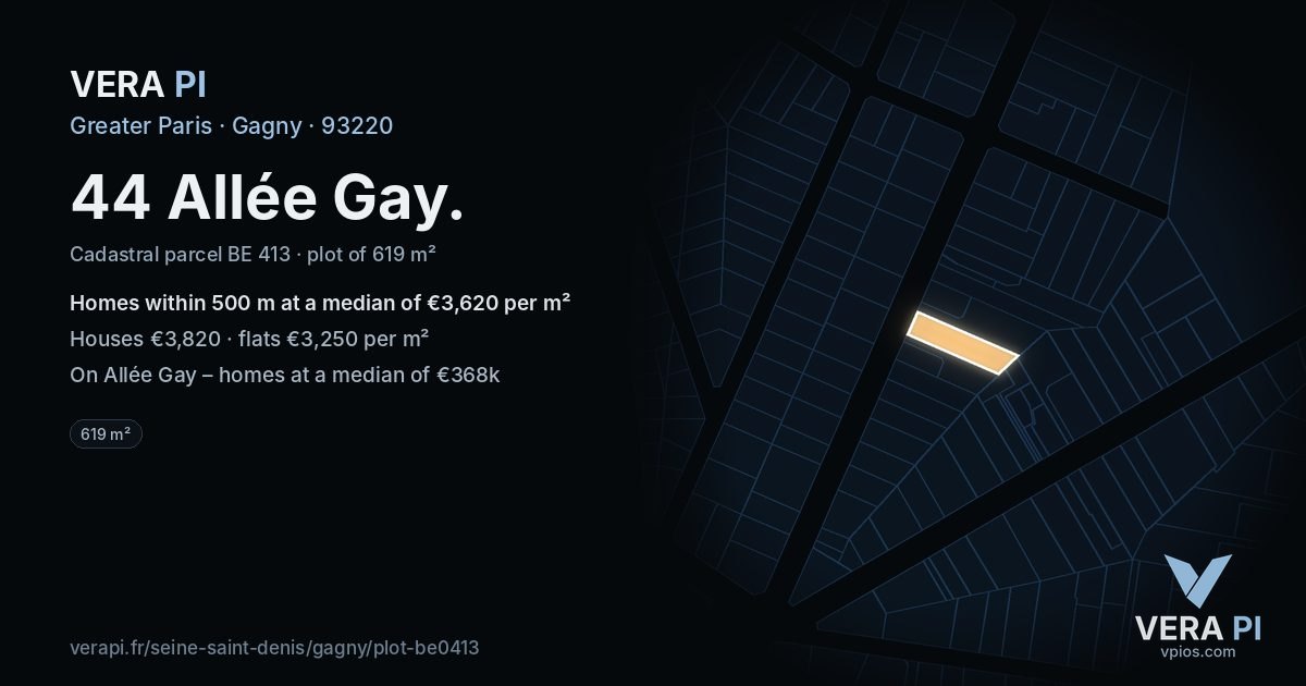 44 Allée Gay, Gagny at night – the plot lit, the parcels around coloured by the prices near them