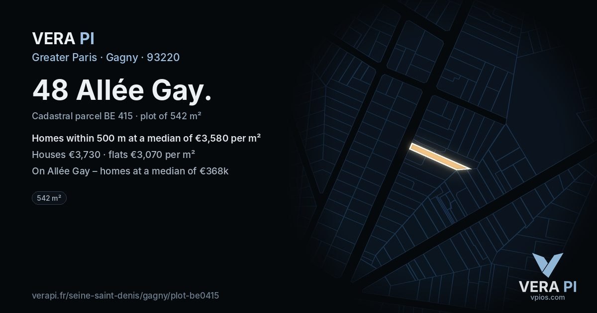48 Allée Gay, Gagny at night – the plot lit, the parcels around coloured by the prices near them