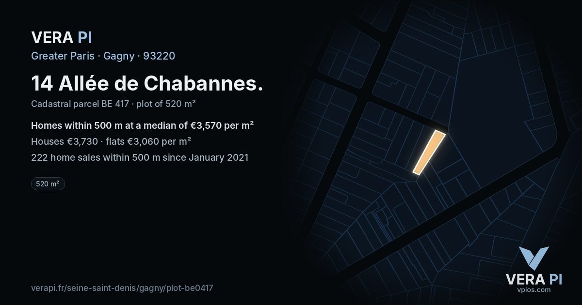 14 Allée de Chabannes, Gagny at night – the plot lit, the parcels around coloured by the prices near them