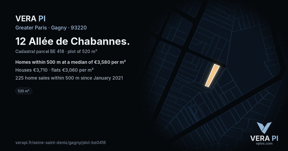 12 Allée de Chabannes, Gagny at night – the plot lit, the parcels around coloured by the prices near them