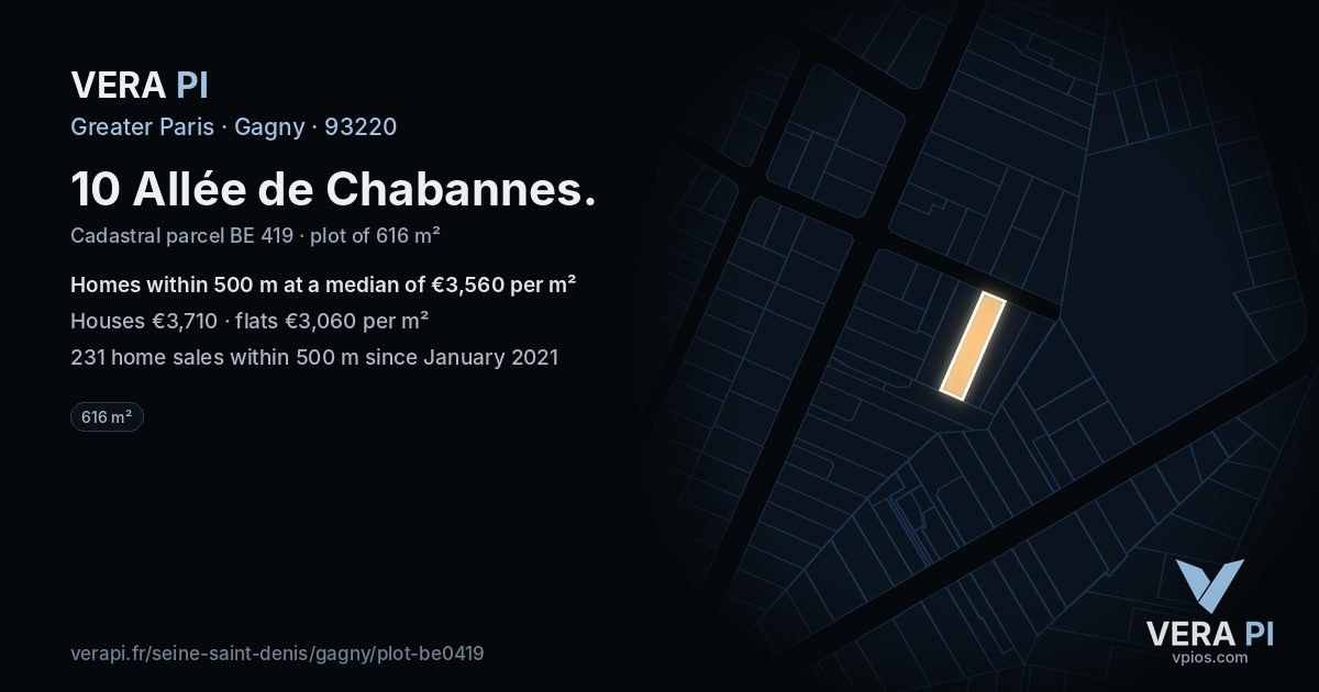 10 Allée de Chabannes, Gagny at night – the plot lit, the parcels around coloured by the prices near them