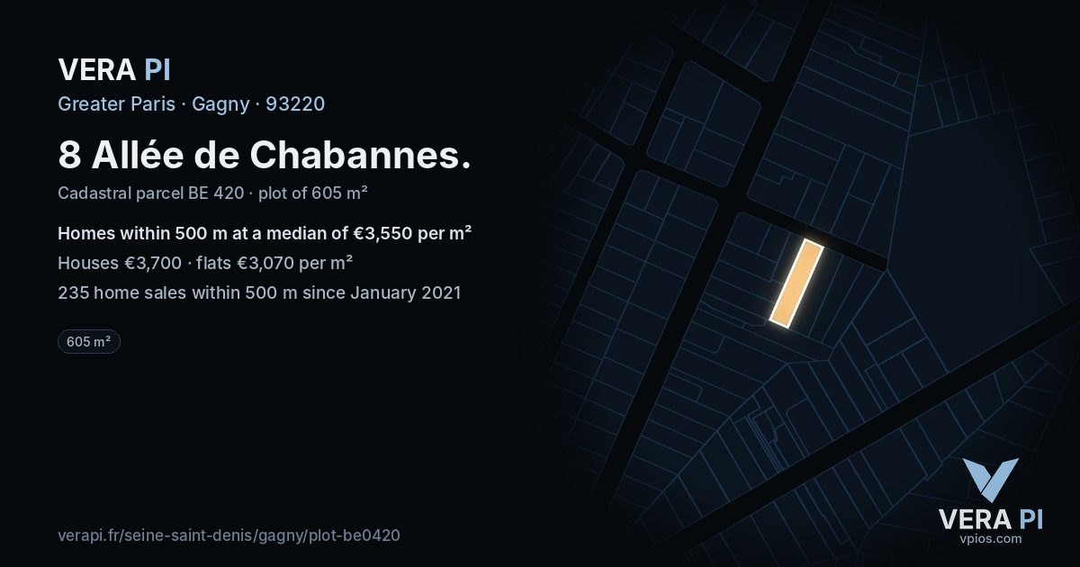 8 Allée de Chabannes, Gagny at night – the plot lit, the parcels around coloured by the prices near them