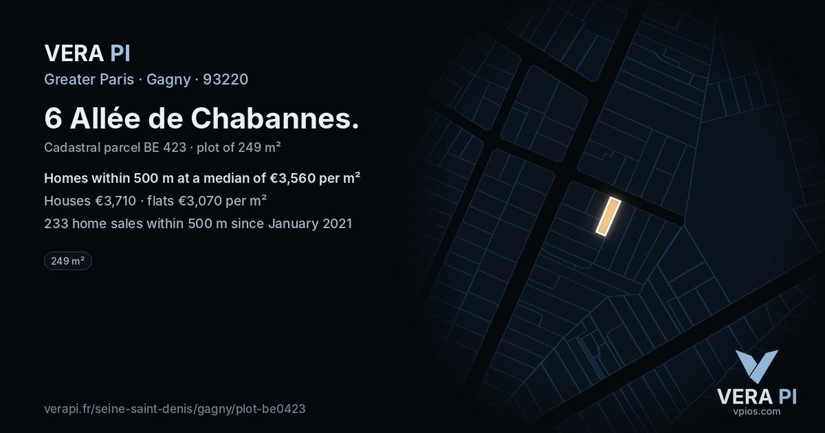6 Allée de Chabannes, Gagny at night – the plot lit, the parcels around coloured by the prices near them
