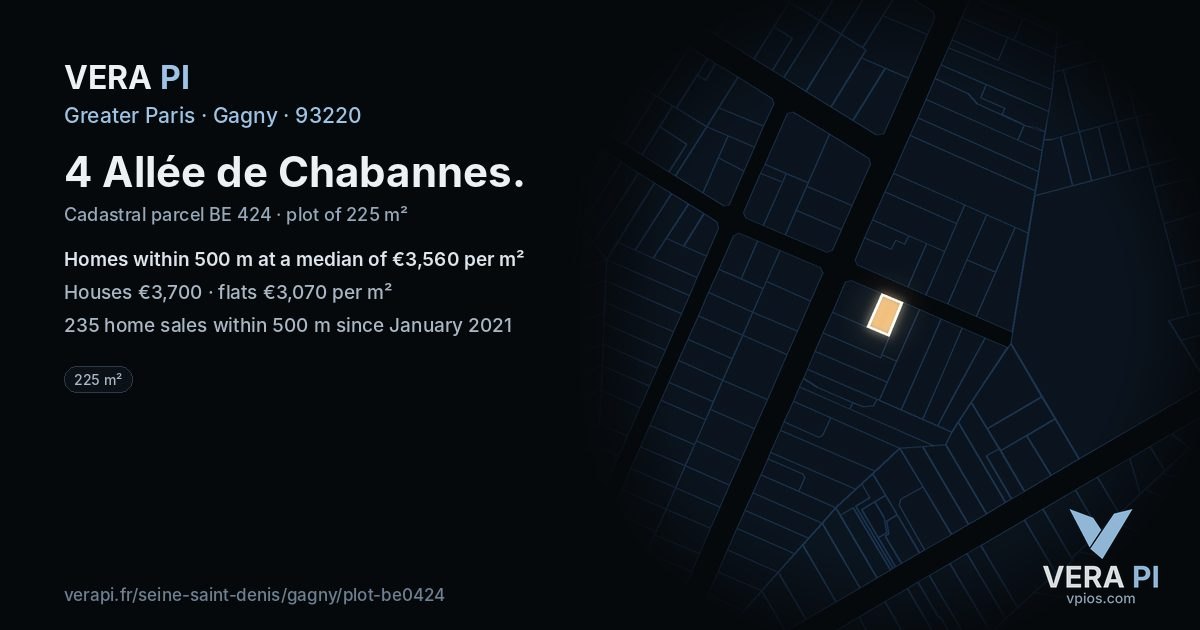 4 Allée de Chabannes, Gagny at night – the plot lit, the parcels around coloured by the prices near them
