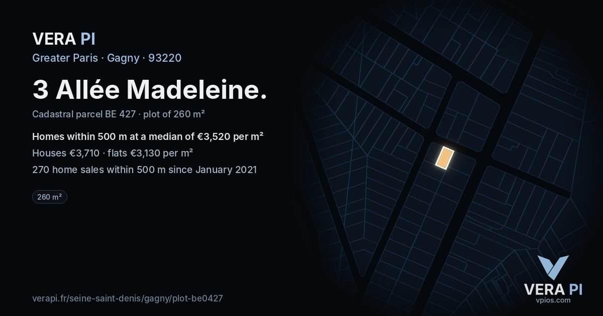 3 Allée Madeleine, Gagny at night – the plot lit, the parcels around coloured by the prices near them